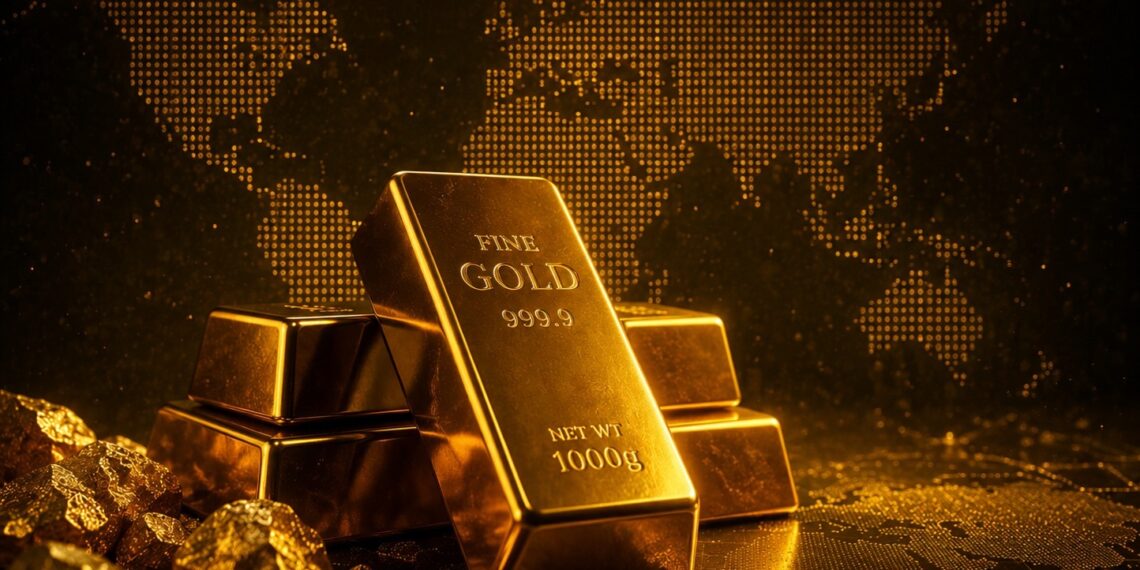 Gold bars with a world map in the background